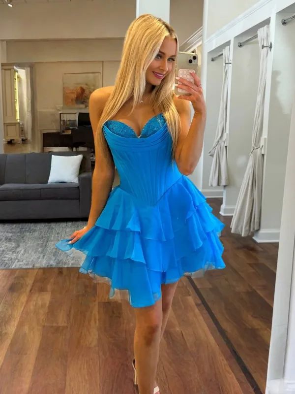 Olyssia | Azure - A-Line Sweetheart Corset Ruffle Homecoming Dress With Applique sold by KissProm