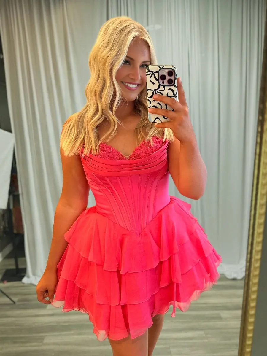 Olyssia | Coral - A-Line Sweetheart Corset Ruffle Homecoming & Cocktail Dresses With Applique sold by KissProm product image thumbnail 2