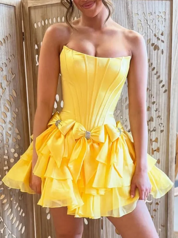Izara | Yellow - A Line Scoop Neck Ruffles Corset Homecoming Dresses with Bows sold by KissProm