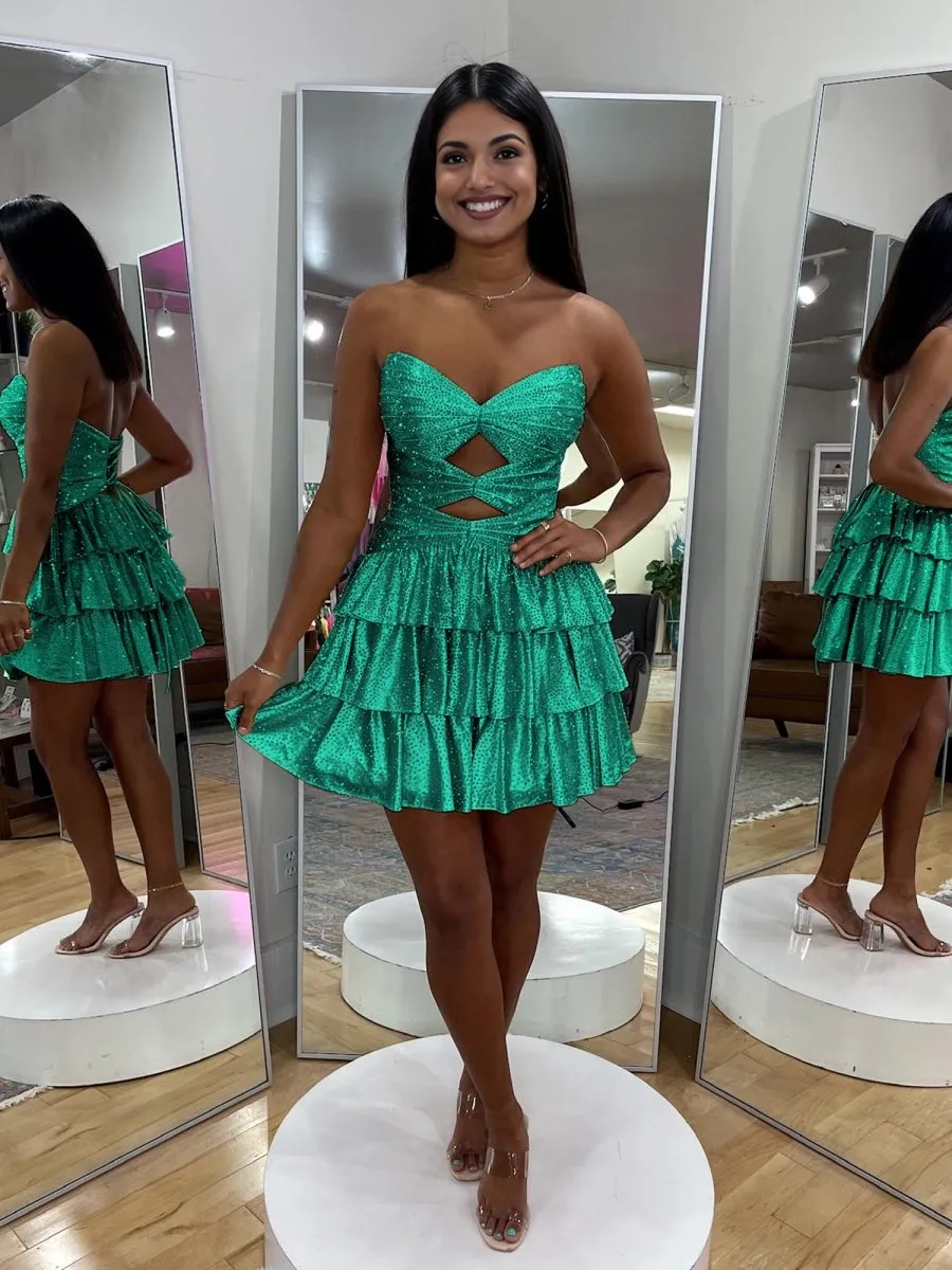 Cindra | Green - A Line Sweetheart Satin Cut Out Ruffled Homecoming & Cocktail Dresses with Beads sold by KissProm product image thumbnail 2