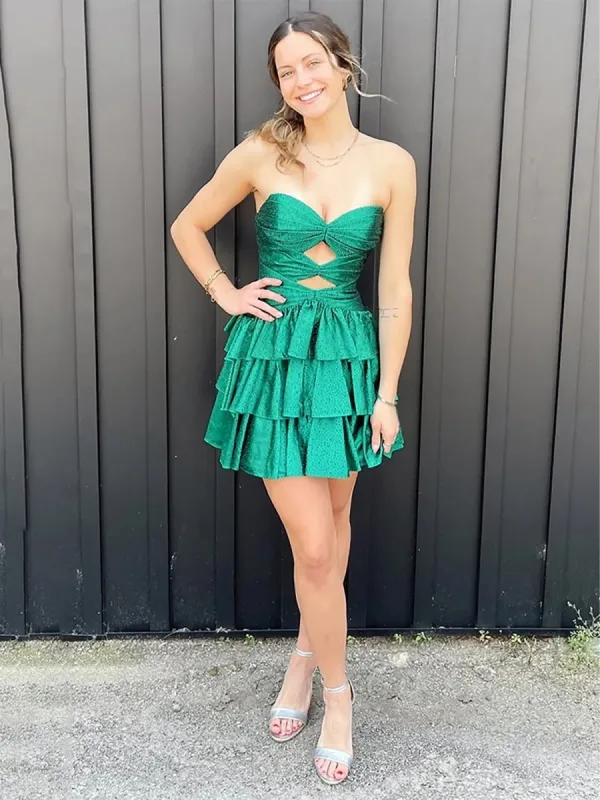 Cindra | Green - A Line Sweetheart Satin Cut Out Ruffled Homecoming Dress with Beads sold by KissProm