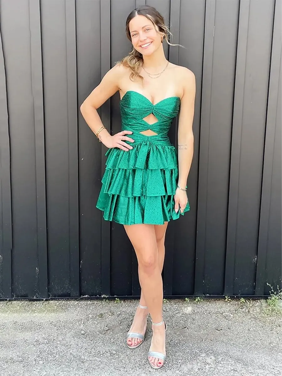 Cindra | Green - A Line Sweetheart Satin Cut Out Ruffled Homecoming & Cocktail Dresses with Beads sold by KissProm