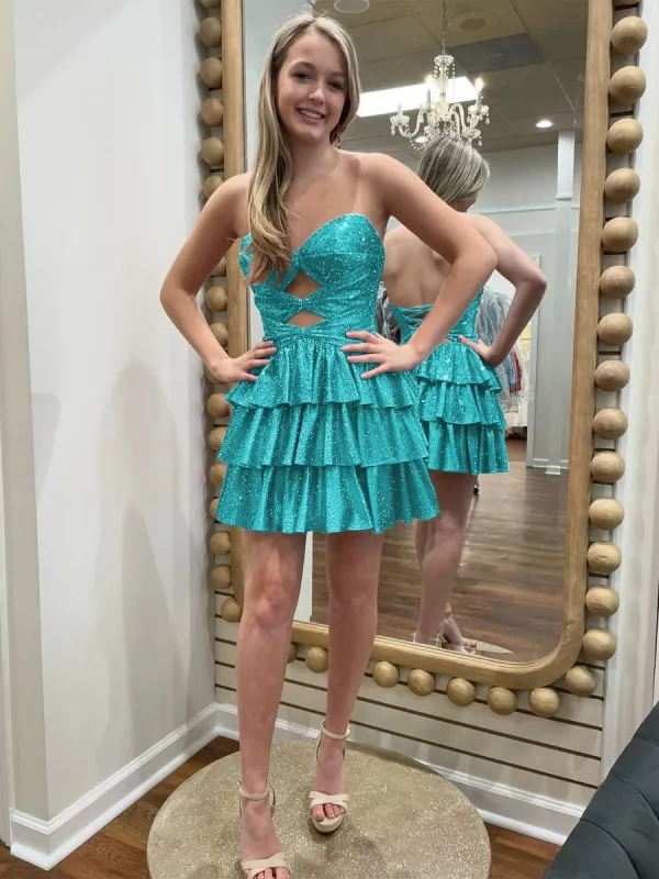 Cindra | Turquoise - A Line Sweetheart Satin Cut Out Ruffled Homecoming Dress with Beads sold by KissProm