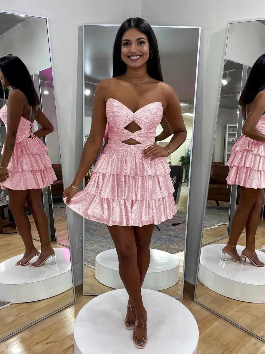 Pink - A Line Sweetheart Satin Cut Out Ruffled Homecoming & Cocktail Dresses with Beads sold by KissProm