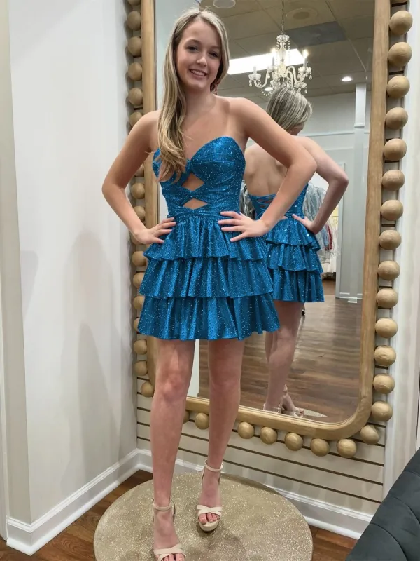 Cindra | Peacock - A Line Sweetheart Satin Cut Out Ruffled Homecoming Dress with Beads sold by KissProm