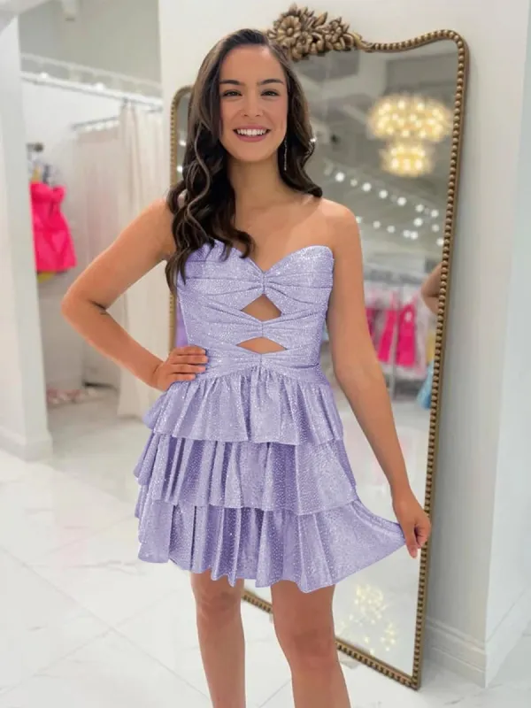 Cindra | Lavender - A Line Sweetheart Satin Cut Out Ruffled Homecoming Dress with Beads sold by KissProm