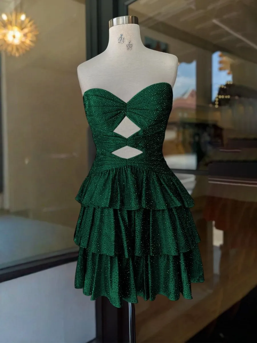 Dark Green - A Line Sweetheart Satin Cut Out Ruffled Homecoming & Cocktail Dresses with Beads sold by KissProm product image thumbnail 2