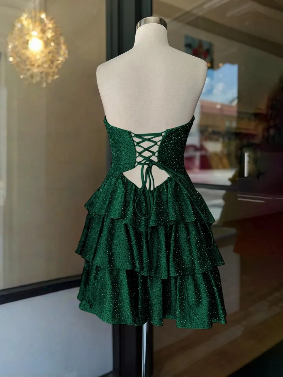 Dark Green - A Line Sweetheart Satin Cut Out Ruffled Homecoming & Cocktail Dresses with Beads sold by KissProm product image thumbnail 3