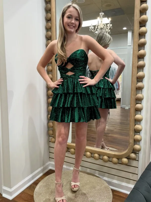 Cindra | Dark Green - A Line Sweetheart Satin Cut Out Ruffled Homecoming Dress with Beads sold by KissProm