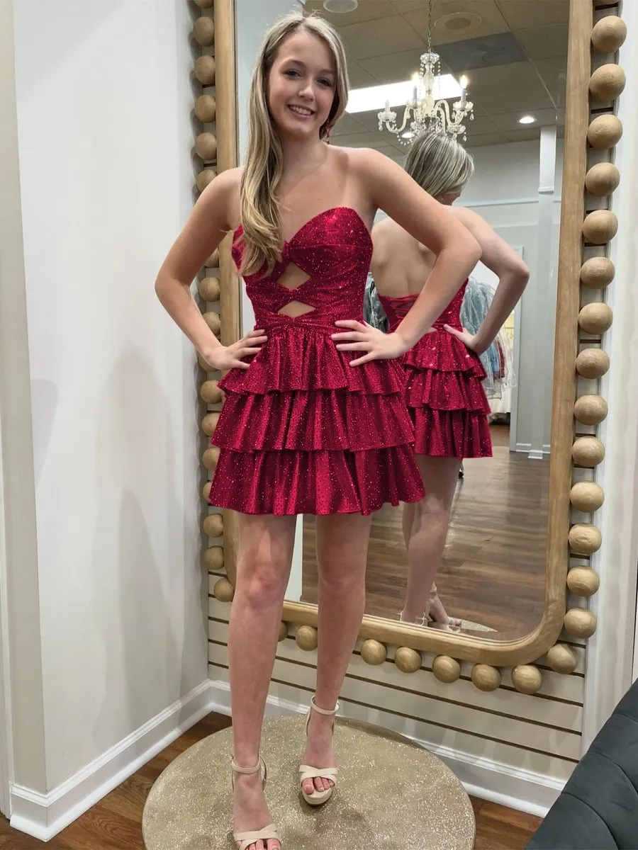 Cindra | Burgundy - A Line Sweetheart Satin Cut Out Ruffled Homecoming & Cocktail Dresses with Beads sold by KissProm product image thumbnail 2