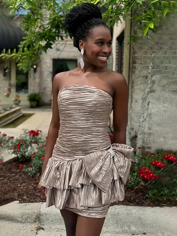 Brinelle | Champagne -  A Line Strapless Pleats Short Homecoming Dress with Bow sold by KissProm