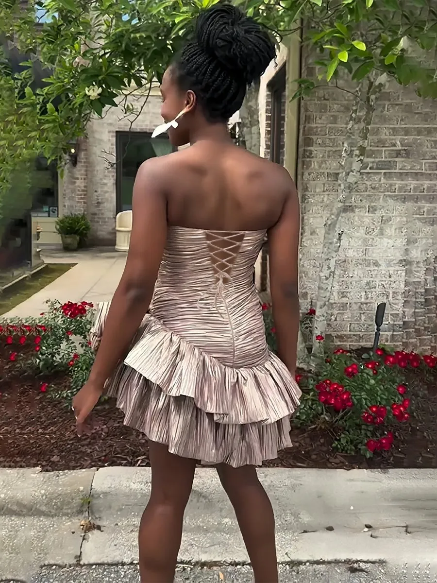 Brinelle | Champagne - A Line Strapless Pleats Short Homecoming Dress with Bow sold by KissProm product image thumbnail 2