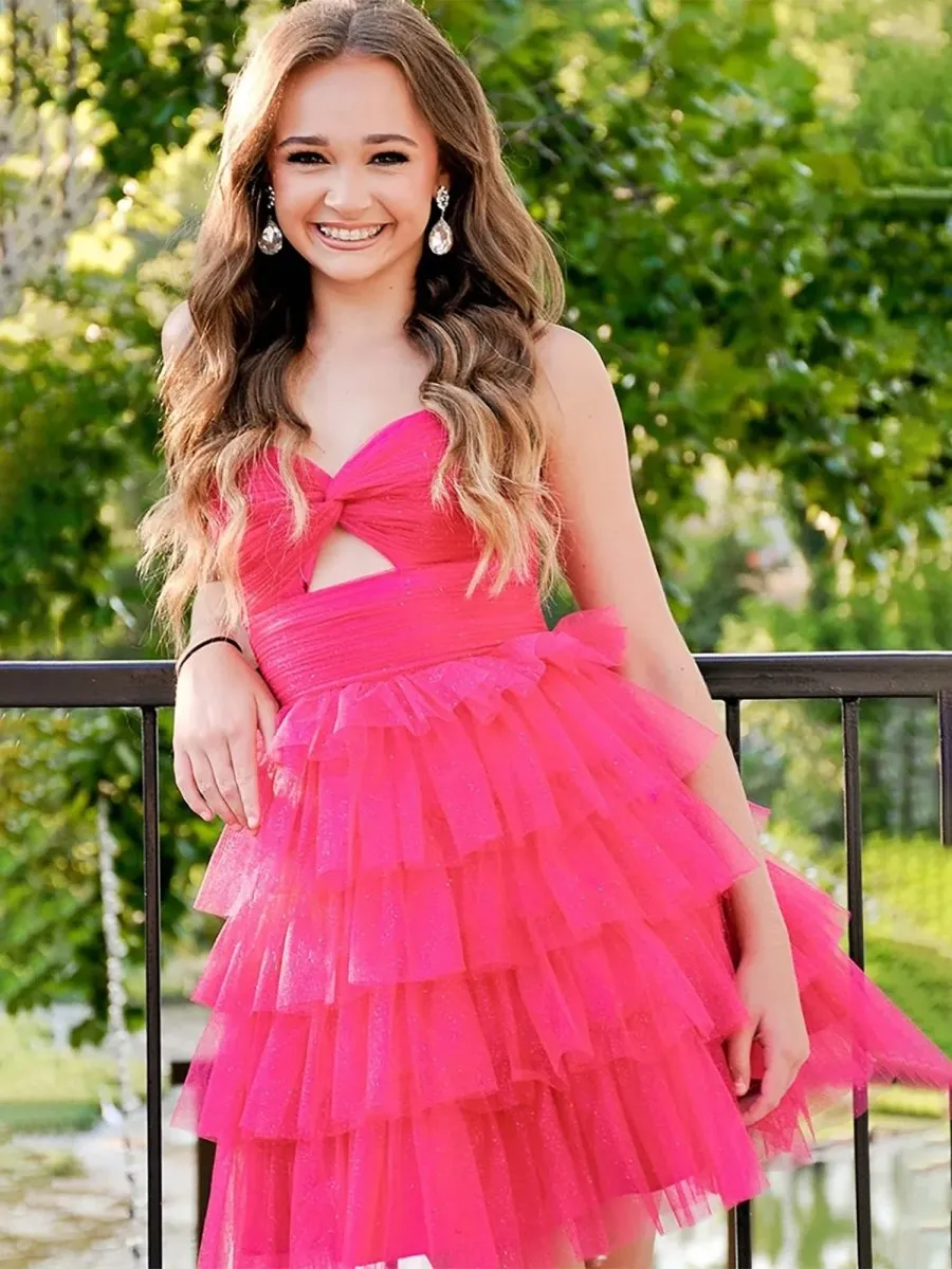 Halona | Coral - A-Line Sweetheart Ruffle Tiered Tulle Short Homecoming Dresses sold by KissProm product image thumbnail 2