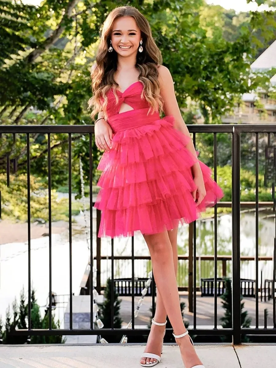 Halona | Coral - A-Line Sweetheart Ruffle Tiered Tulle Short Homecoming Dresses sold by KissProm