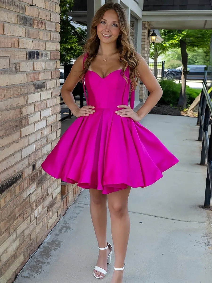 Mirel | Fuchsia - Spaghetti Straps Satin Pleated A Line Homecoming Dresses With Bow sold by KissProm