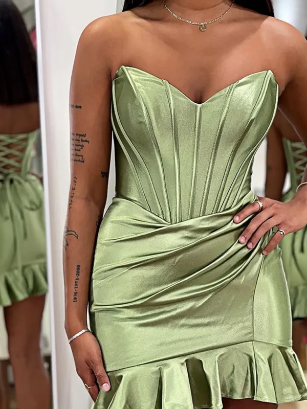 Brisa | Mint Green - Strapless Bodycon Satin Pleated Homecoming Dresses With Ruffles sold by KissProm