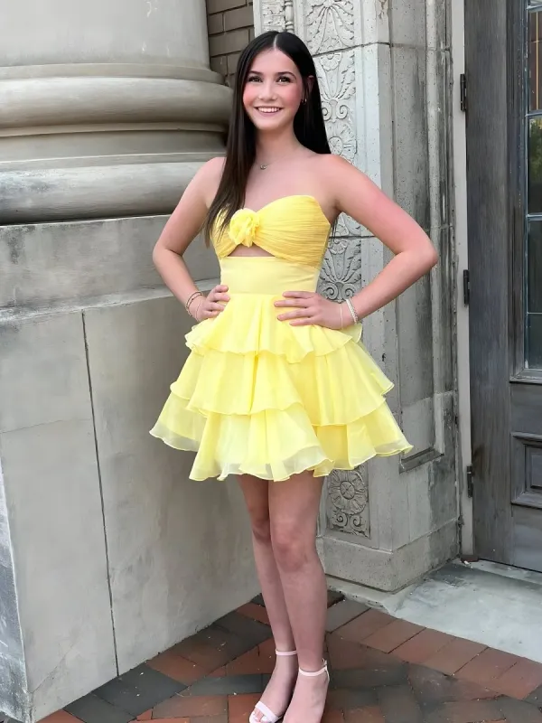 Fenara | Yellow - Strapless A Line Chiffon Ruffles Homecoming Dresses With Flower sold by KissProm