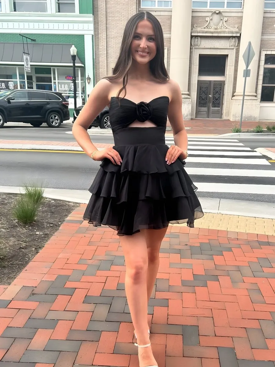 Fenara | Black - Strapless A Line Chiffon Ruffles Homecoming Dresses With Flower sold by KissProm