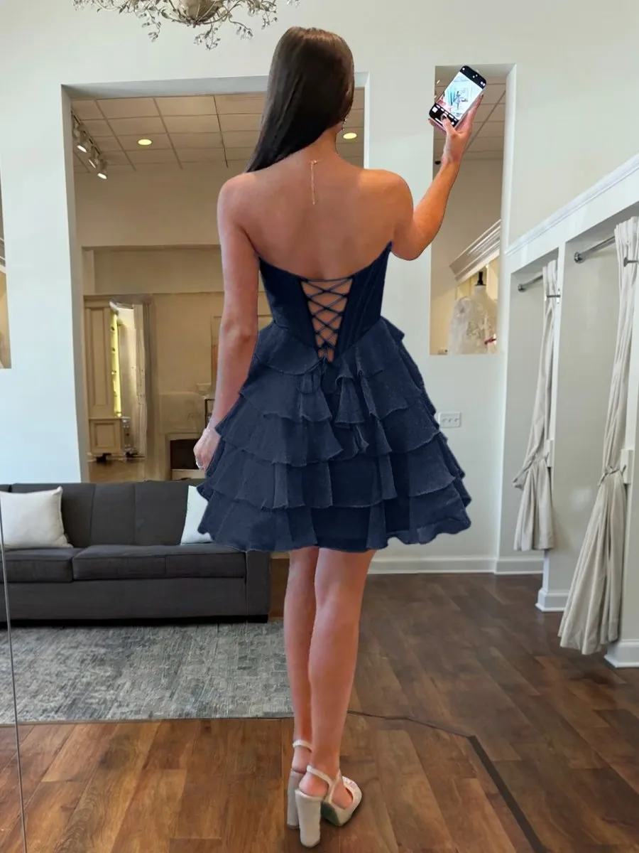 Katla | Navy Blue - A Line Sweetheart Chiffon Ruffles Corset Homecoming Dresses sold by KissProm product image thumbnail 2