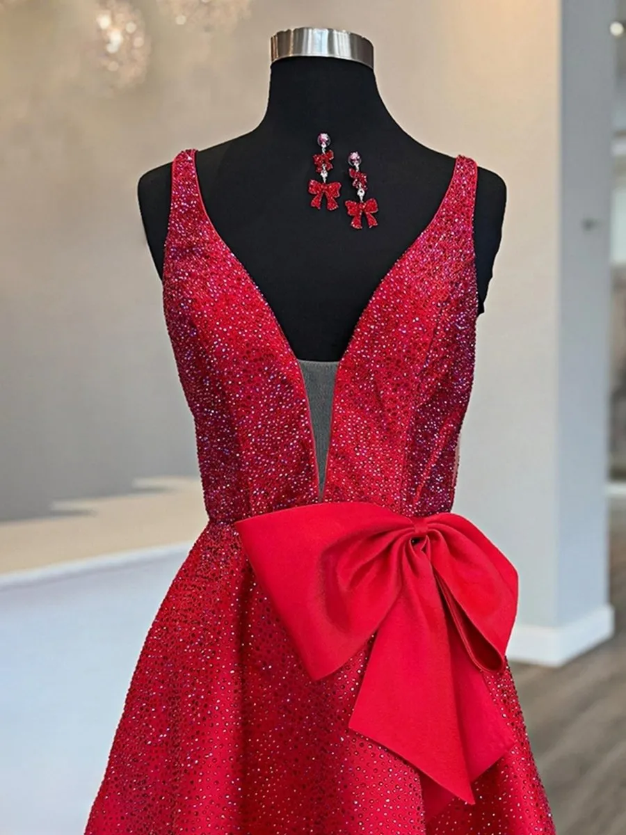 Red - V Neck A Line Satin Beaded Short Homecoming Dresses With Bow sold by KissProm product image thumbnail 3