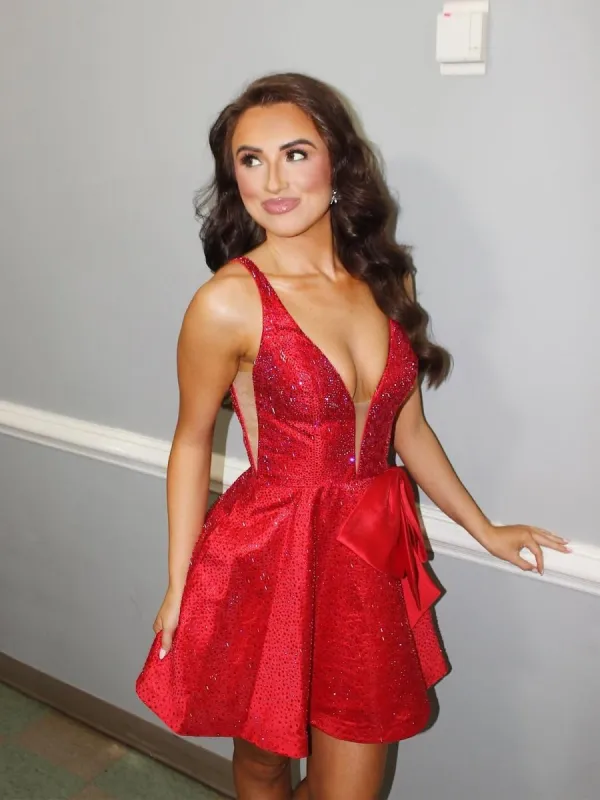 Onna | Red - V Neck A Line Satin Beaded Short Homecoming Dresses With Bow sold by KissProm