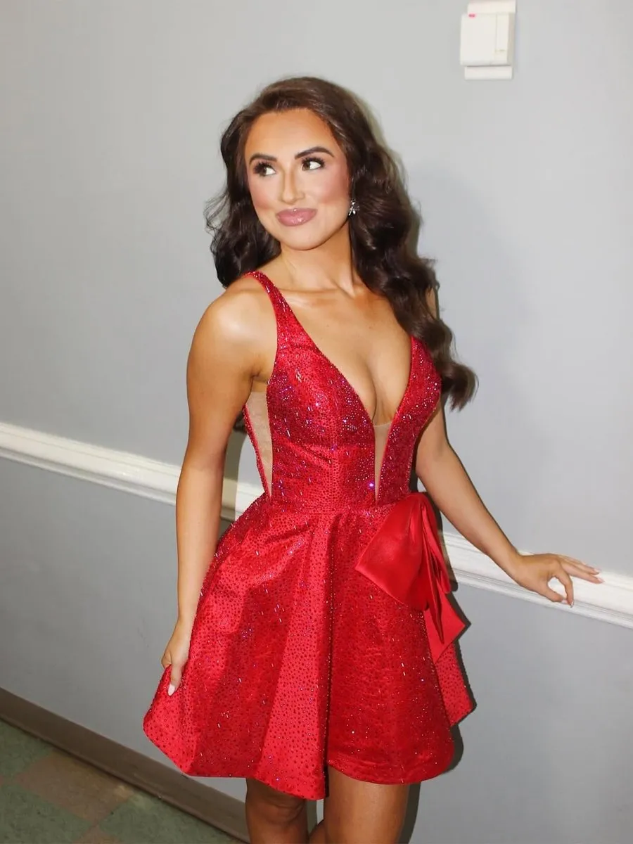 Red - V Neck A Line Satin Beaded Short Homecoming Dresses With Bow sold by KissProm