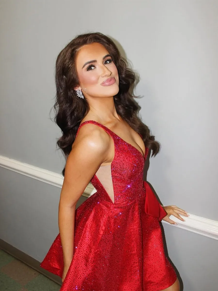 Red - V Neck A Line Satin Beaded Short Homecoming Dresses With Bow sold by KissProm product image thumbnail 5
