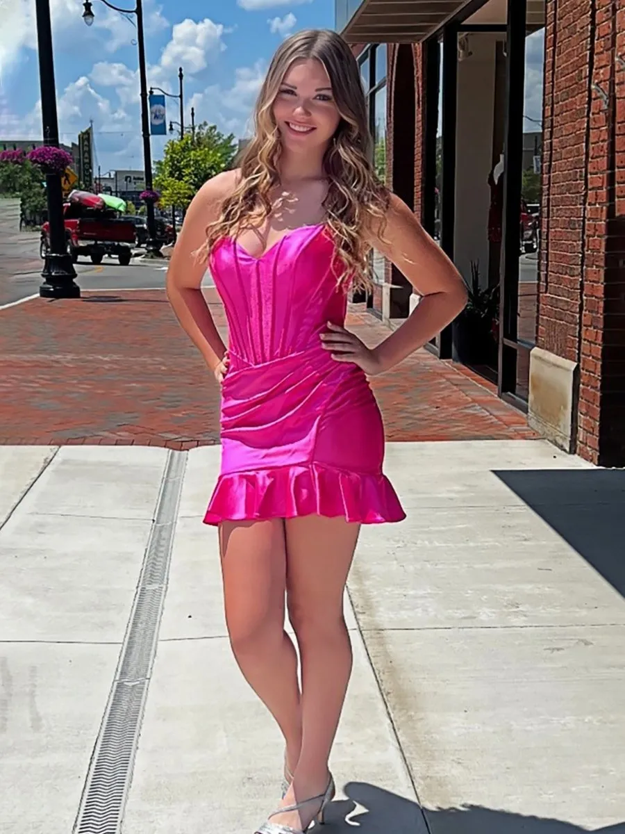 Brisa | Fuchsia - Strapless Bodycon Satin Pleated Homecoming Dresses With Ruffles sold by KissProm
