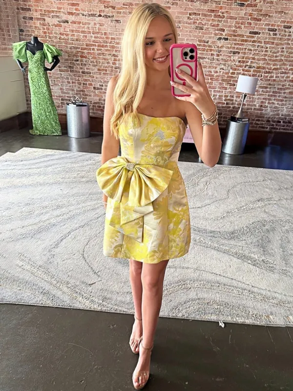 Noura | Yellow - Strapless A Line Floral Print Short Homecoming Dresses With Bow sold by KissProm