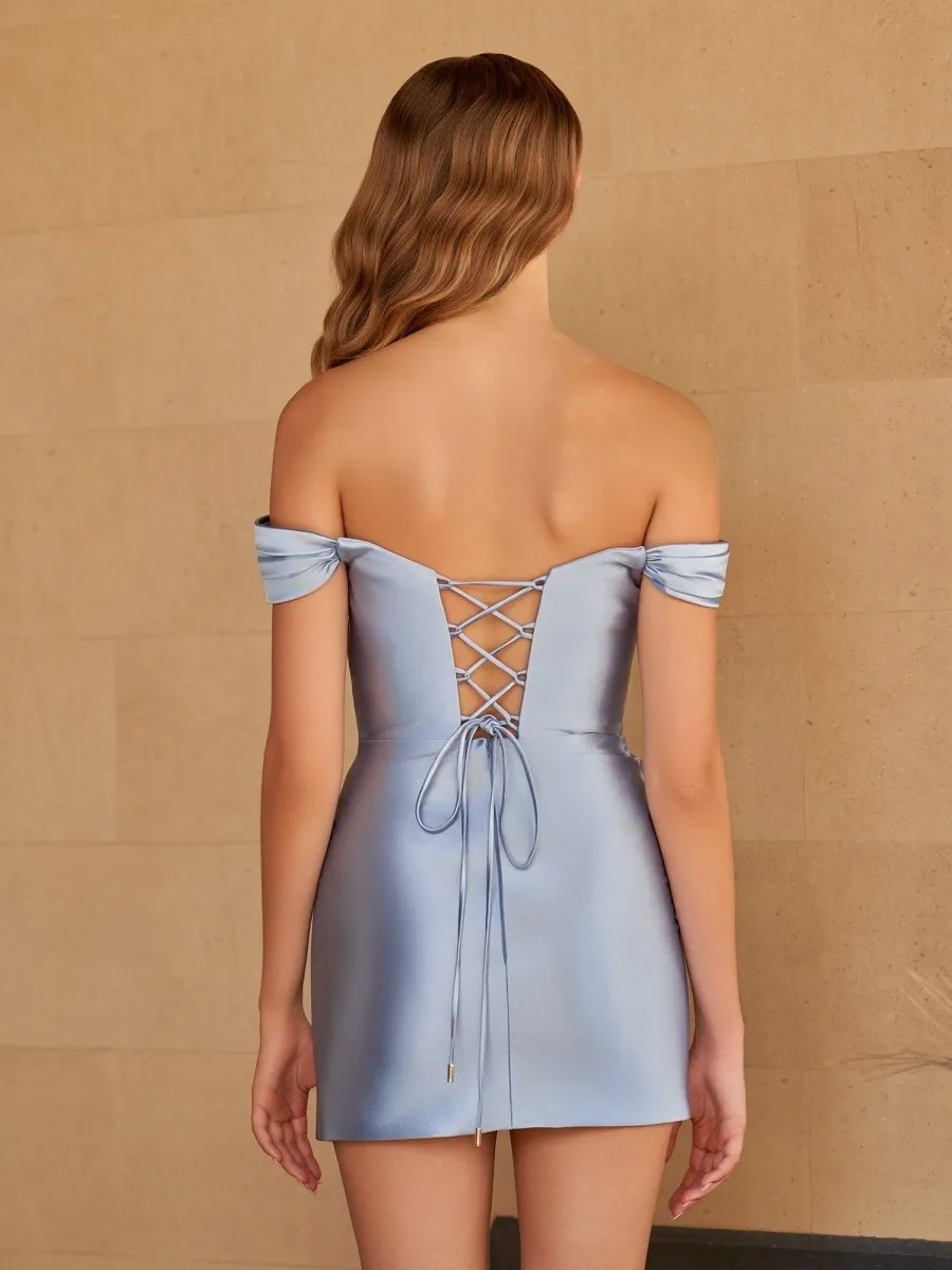 Sira | Dusty Blue - Bodycon Satin Off the Shoulder Homecoming Dresses with Beads sold by KissProm product image thumbnail 2