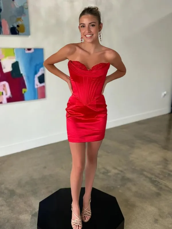 Ziva | Red - Sheath Sweetheart Corset Homecoming Dresses with Appliques sold by KissProm