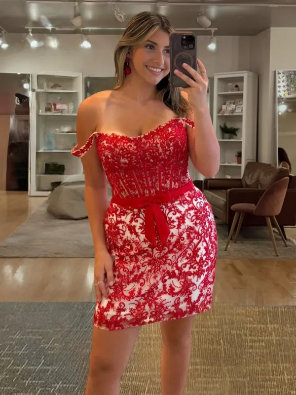 Clove | Red - Bodycon Off the Shoulder Beaded Appliques Homecoming Dresses with Bow sold by KissProm