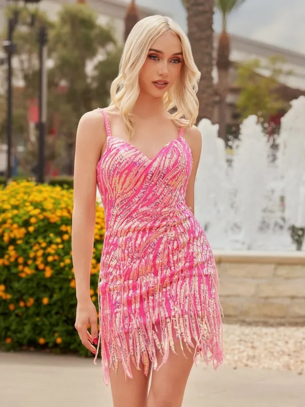 Eska | Hot Pink - Sheath V Neck Sequined Tassels Homecoming Dresses sold by KissProm