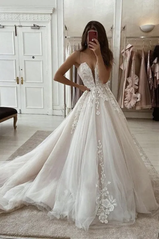 A Line Spaghetti Straps Deep V Neck White Lace Appliques Wedding Dress sold by KissProm