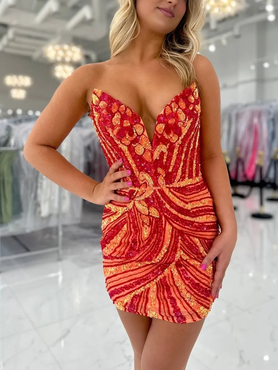 Orange - Strapless V Neck Sequins Bodycon Short Homecoming Dresses sold by KissProm