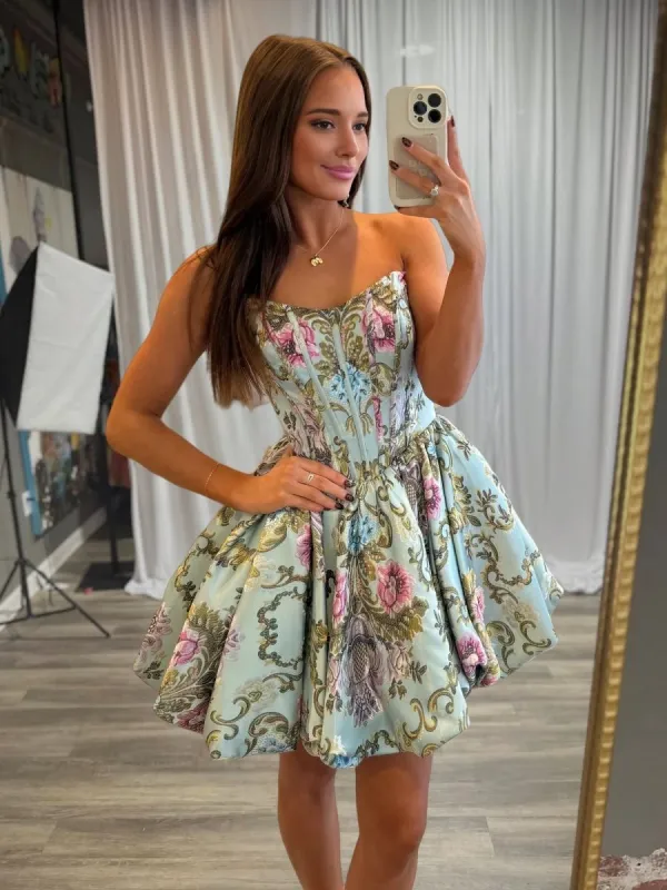 Elira | Sky Blue - A Line Brocade Strapless Corset Floral Homecoming Dress with Bubble Hem sold by KissProm