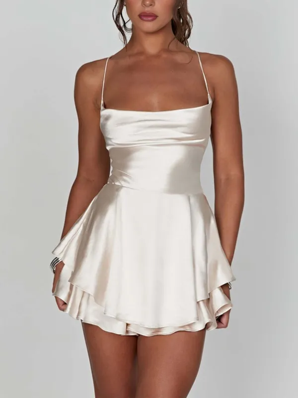 Naevira | White - A Line Cowl Neck Satin Short Homecoming Dresses sold by KissProm