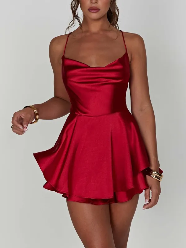 Naevira | Red - A Line Cowl Neck Satin Short Homecoming Dresses sold by KissProm