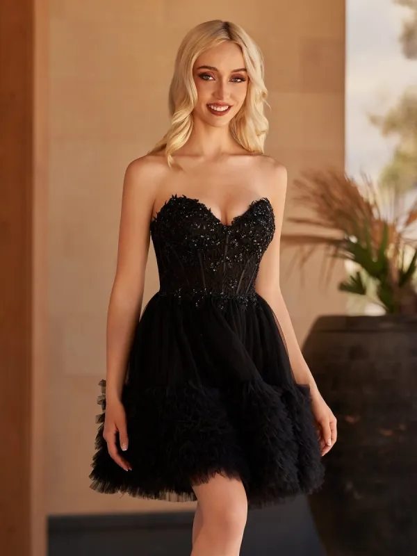 Kiva | Black - A Line Tulle Sweetheart Ruffles Homecoming Dresses with Beads sold by KissProm