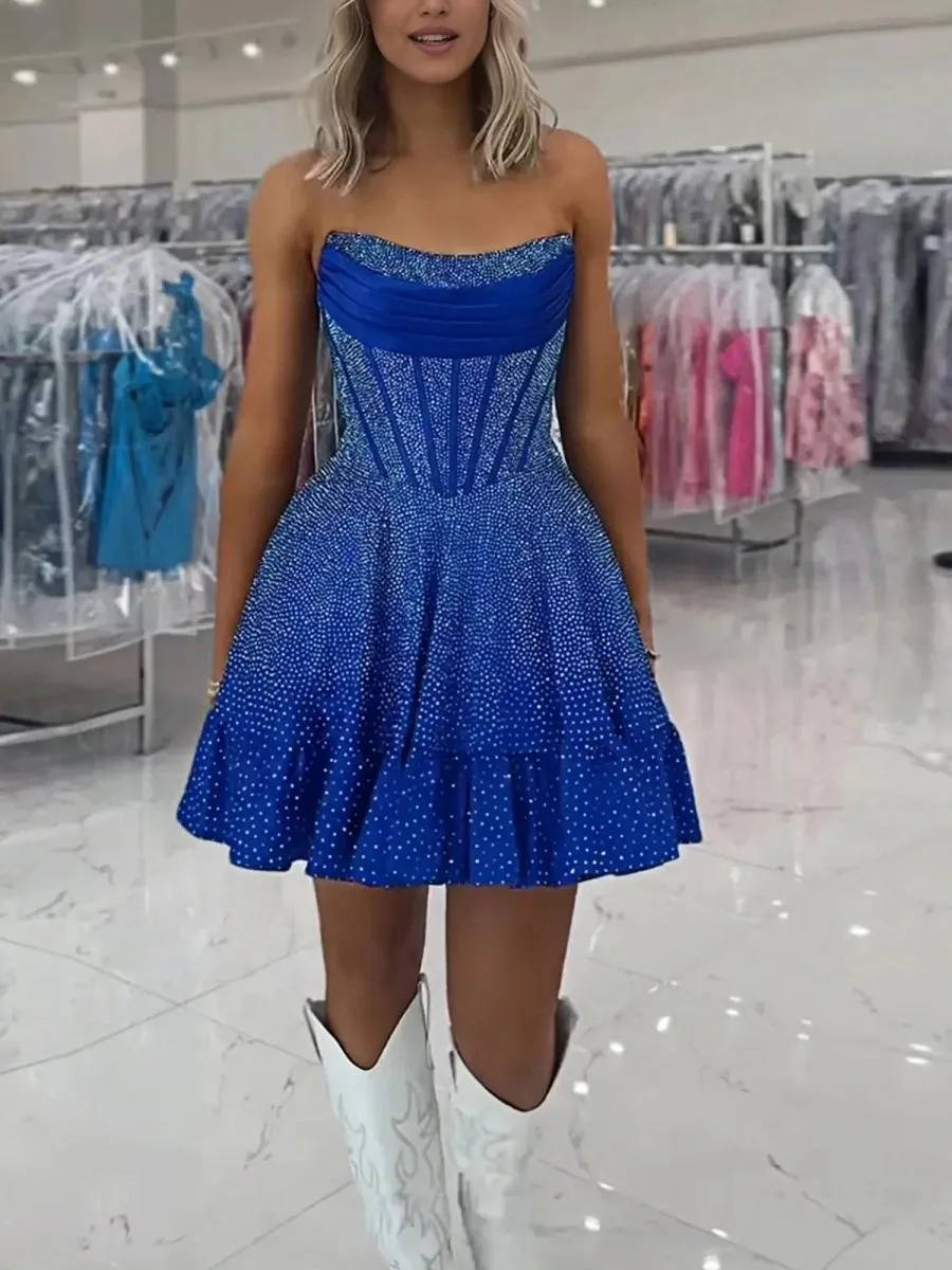 Selima | Royal Blue - A Line Scoop Neck Satin Corset Ruffled Homecoming Dresses With Beadings sold by KissProm product image thumbnail 3