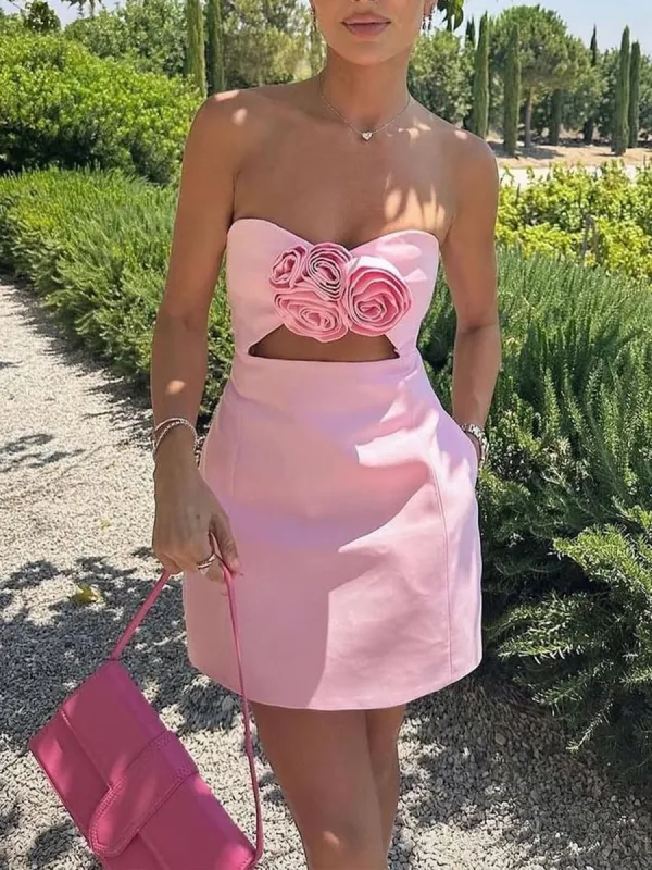 Kaida | Pink - Sheath Strapless Flowers Cutout Short Homecoming Dresses sold by KissProm