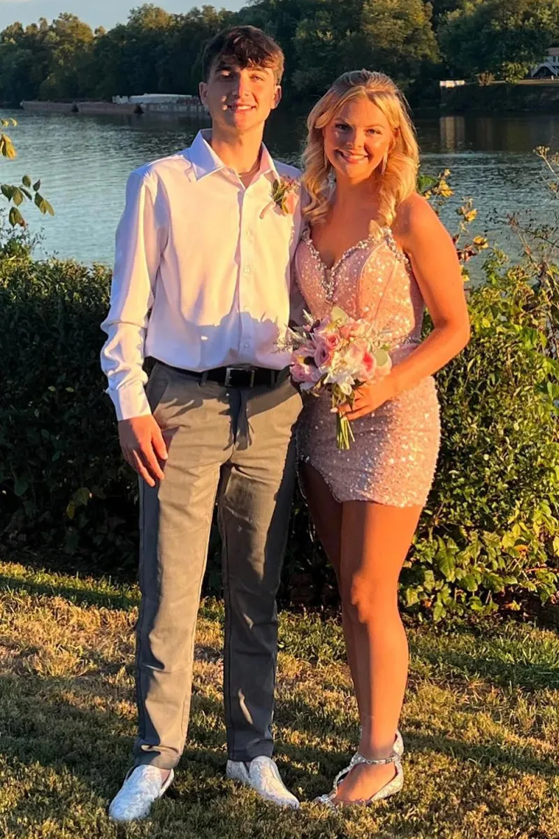 Dulcie | Strapless Pink Sequins Tight Mini Party Dresses with Beadings sold by KissProm