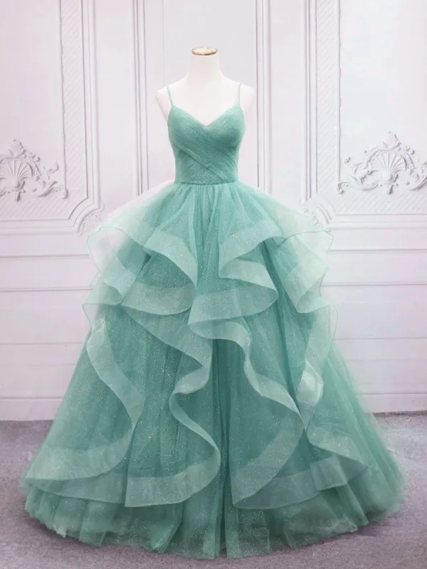 Quinceanera Dress Green V Neck Tulle Long Prom Dress Green Sweet Dress sold by KissProm