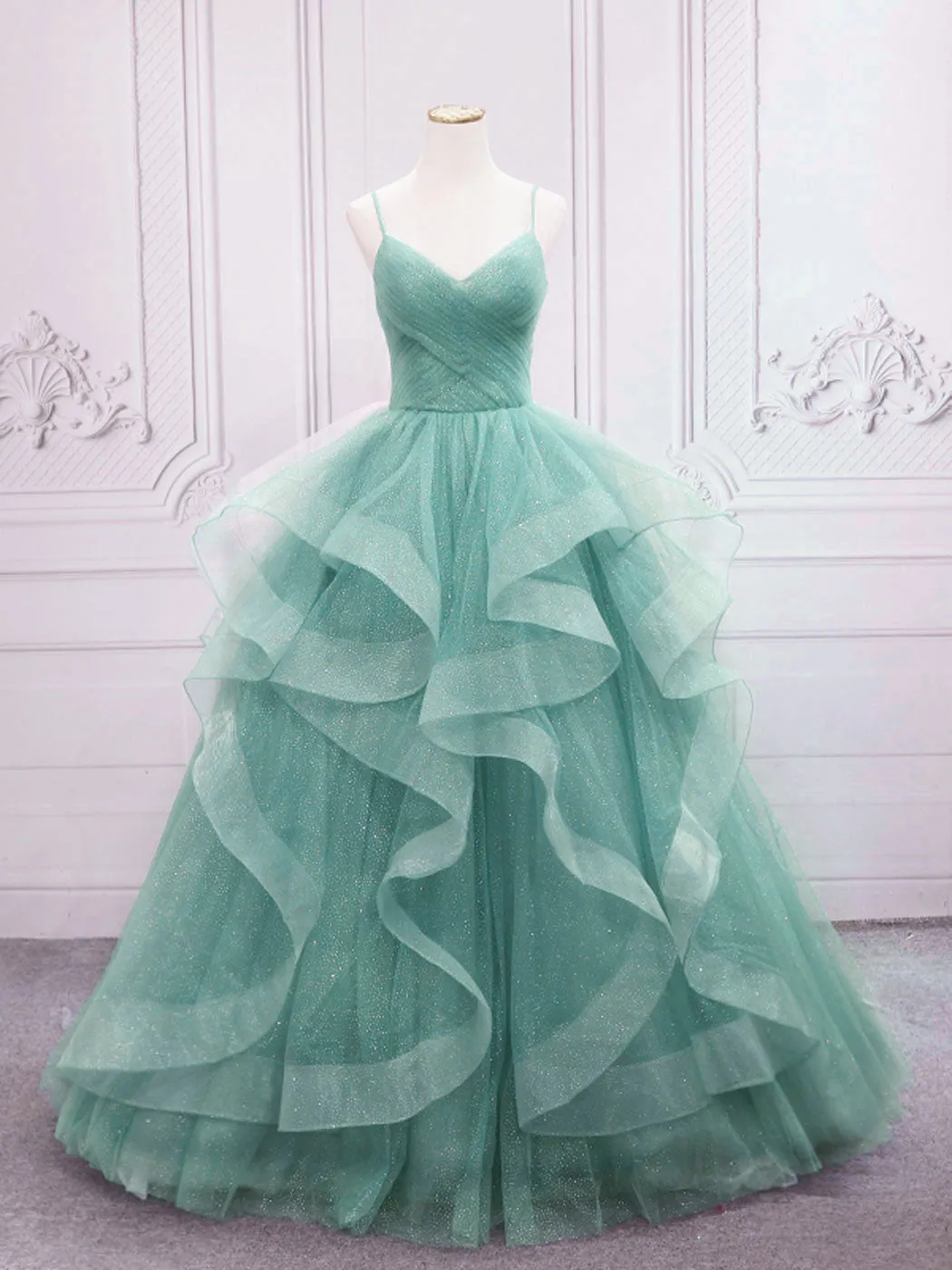 Quinceanera Dress Green V Neck Tulle Long Prom Dress Green Sweet Dress sold by KissProm