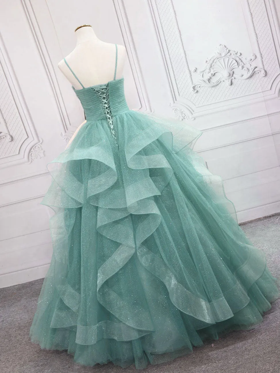 Quinceanera Dress Green V Neck Tulle Long Prom Dress Green Sweet Dress sold by KissProm product image thumbnail 2