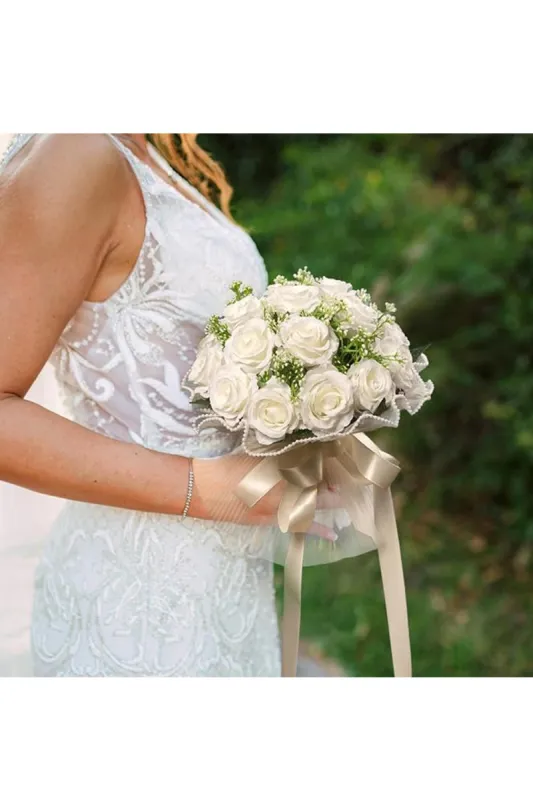 Artificial Ivory Rose Cascade Wedding Flower Bouquets with Pearl sold by KissProm