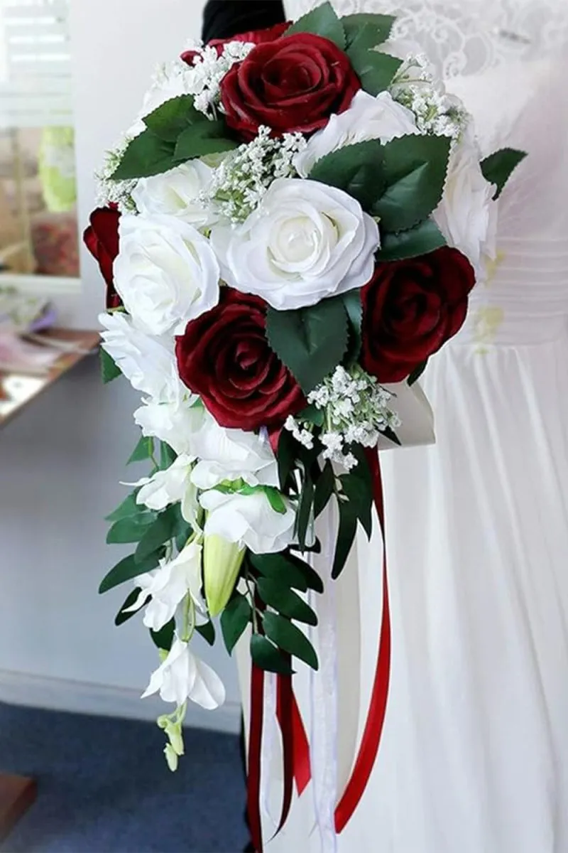 Artificial Red Rose Cascade Wedding Flower Bouquets with Ribborn sold by KissProm product image thumbnail 2