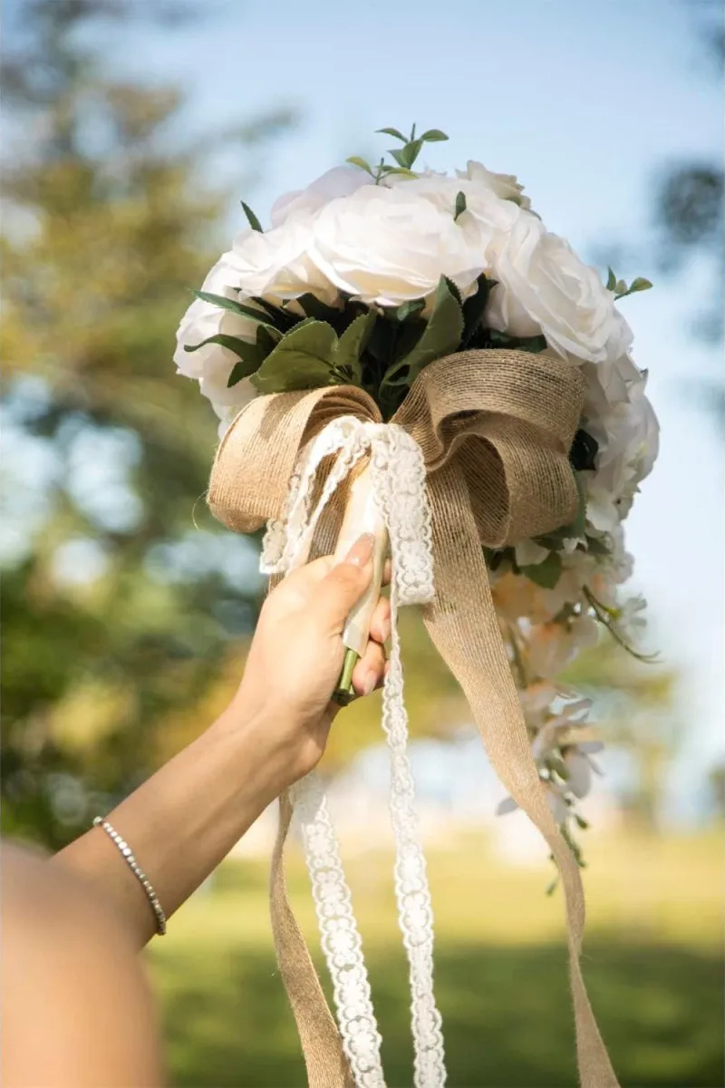 Artificial Champagne Rose Cascade Wedding Flower Bouquets with Ribborn sold by KissProm product image thumbnail 3