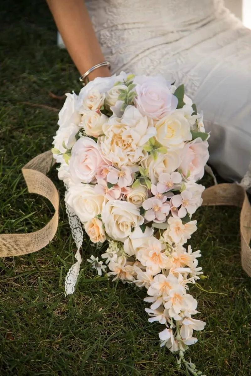Artificial Champagne Rose Cascade Wedding Flower Bouquets with Ribborn sold by KissProm