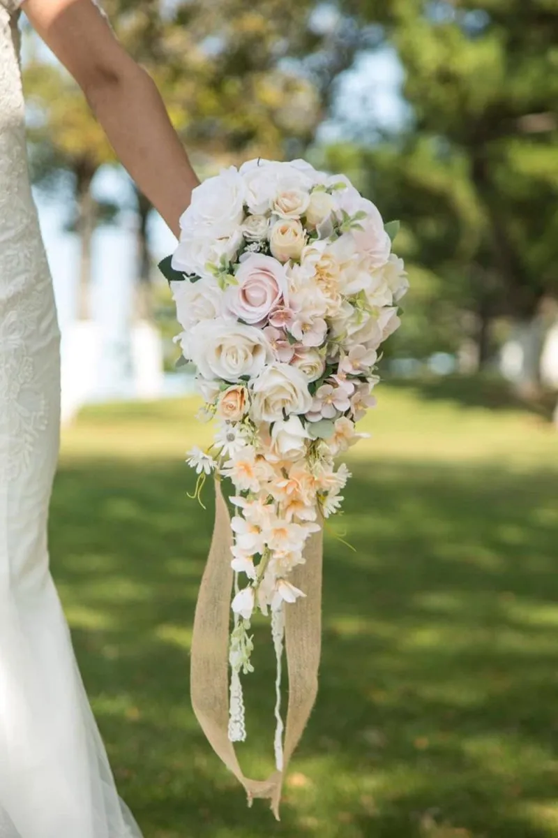 Artificial Champagne Rose Cascade Wedding Flower Bouquets with Ribborn sold by KissProm product image thumbnail 2